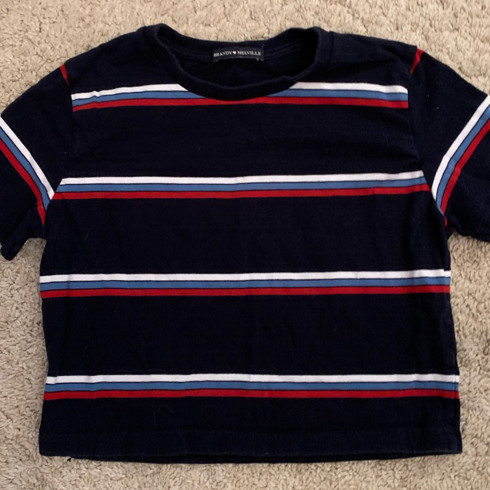 Brandy Melville CROPPED tee shirt, black with blue, red, and white, ONE SIZE